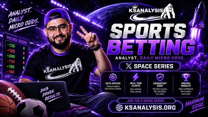 A promotional graphic for KSANALYSIS sports betting services featuring a man holding up two fingers, with text promoting daily micro odds, data-driven results, and a 'SPACE SERIES' subscription via ksananalysis.org.
