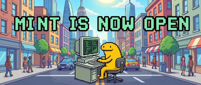 A pixel-art style illustration showing a yellow character typing at a computer terminal on a city street with buildings, cars, and pedestrians, overlaid with the pixelated text 'MINT IS NOW OPEN'.