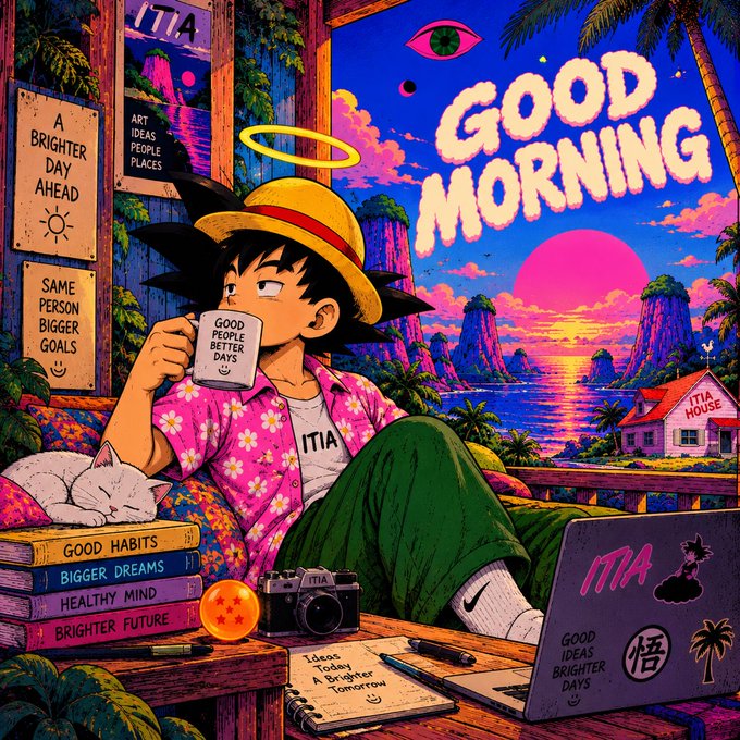 A vibrant anime-style illustration of a young man wearing a straw hat and halo, sitting with a cat while drinking from a mug that says 'GOOD PEOPLE BETTER DAYS'. The scene includes books titled 'GOOD HABITS', 'BIGGER DREAMS', 'HEALTHY MIND', 'BRIGHTER FUTURE', a notebook reading 'Ideas Today A brighter Tomorrow', and a large 'GOOD MORNING' banner against a sunset backdrop with 'ITIA' branding.
