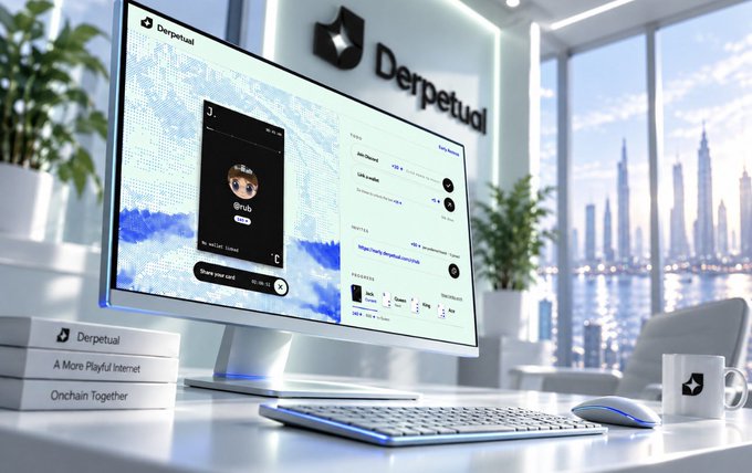 A promotional setup showing the "Derpetual" platform interface on a monitor in a modern office setting, with booklets reading "Derpetual: A More Playful Internet, Onchain Together" displayed nearby.