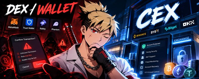 An anime-style graphic contrasts 'DEX / WALLET' (featuring MetaMask, Trust Wallet, Rabby, Phantom with a 'Confirm Transaction?' warning) against 'CEX' (Binance, Bybit, OKX, Bitget with 'Account Protected' features).