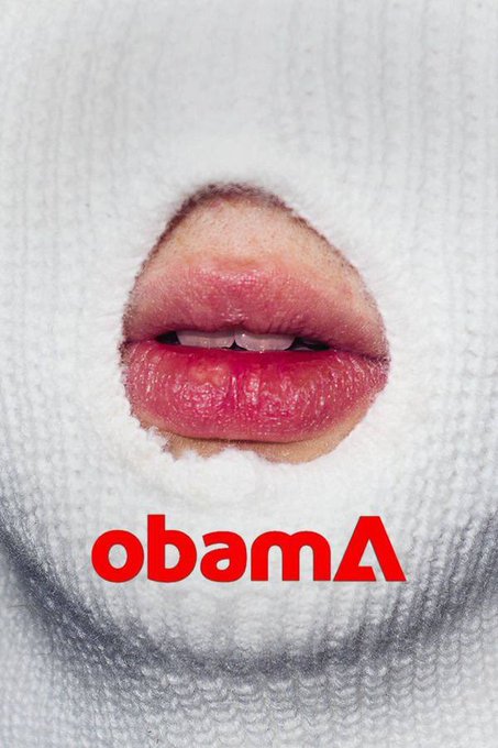 The image shows a close-up of lips protruding through a white knitted balaclava with the red "obamaA" logo visible across the bottom. It ties into the post by visually personifying the anonymity and lurking presence of the Bitcoin "Egregore"—blending political and financial symbolism through the cult-like masked face paired with the Bitcoin-themed caption.