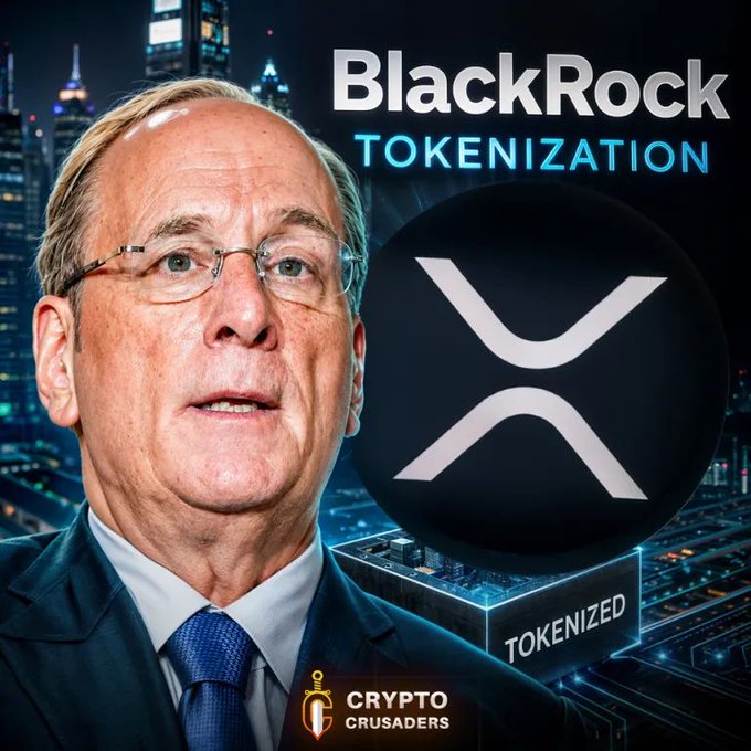 Thumbnail image for 'BlackRock TOKENIZATION' content showing a portrait of Larry Fink next to the XRP logo over a 'TOKENIZED' circuit board graphic, branded by Crypto Crusaders.
