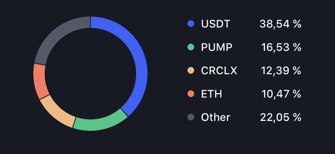 A donut chart displays the current portfolio allocation across assets—USDT (38.54%), Other (22.05%), PUMP (16.53%), CRCLX (12.39%), and ETH (10.47%)—showing a concentration in stablecoins and other holdings, which contrasts with the post's proposed rebalanced target allocation emphasizing BTC and a more diversified crypto mix (PUMP, CRCL, HYPE, TAO, SYRUP, WLD).