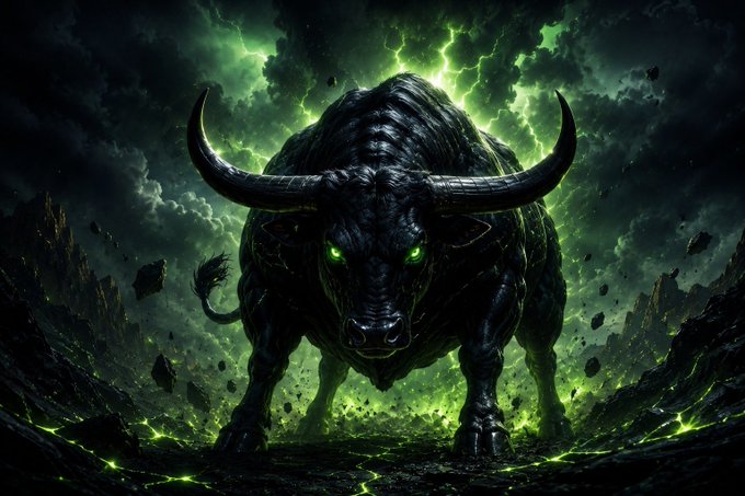 A menacing black bull with glowing green eyes and horns charges forward through a stormy, green-lit landscape of crumbling rock and lightning—perfectly capturing the aggressive, bullish energy behind $ANSEM "The Black Bull."