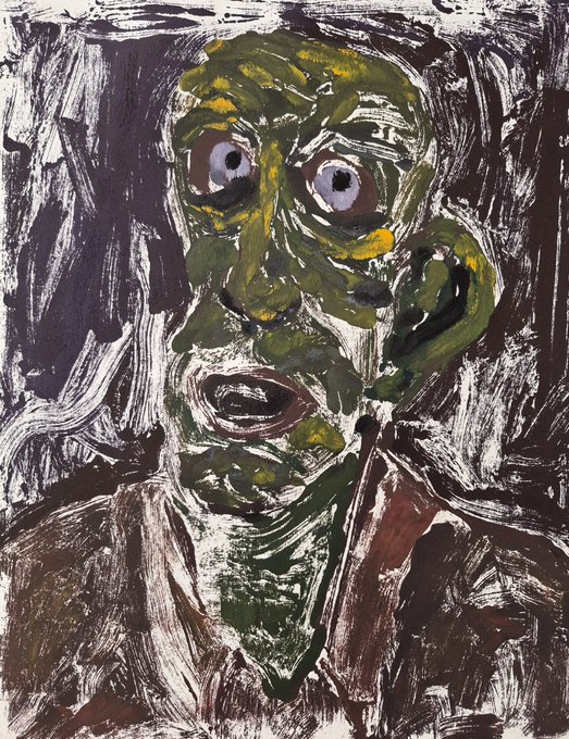 An expressionist, heavily textured painting portrays a face in shades of green, yellow, and black, featuring wide, staring eyes and an open mouth against a dark, abstract background.