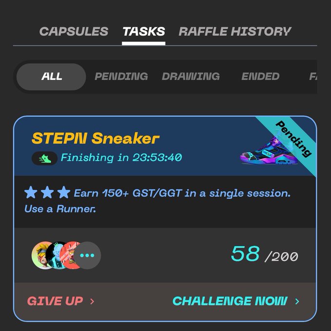 The image contains a screenshot of a gaming website's progress bar for a game called "Stepn! Sneaker". The goalbar shows that the player has already reached step 58, indicating they are making good progress towards completing the challenge. This progress is highlighted as being "Pending".
