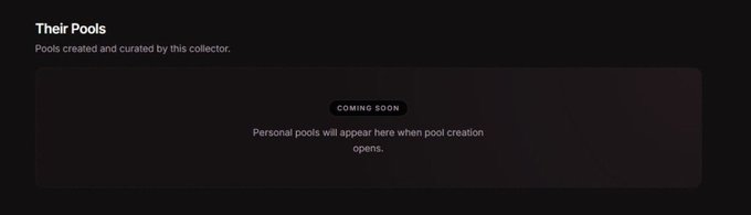 A dark-themed website screenshot showing a section titled 'Their Pools' with a 'COMING SOON' badge and text stating 'Personal pools will appear here when pool creation opens.'