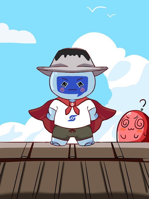 An illustration of a blue cartoon character wearing a straw hat with a red string, a white shirt with a logo, green shorts, and a red cape, standing on a wooden platform next to a pink/red blob-like creature with a question mark, set against a sky background with clouds and birds.