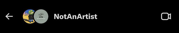 A profile header displaying the username 'NotAnArtist' next to a profile picture of an animated character on a beach, with a back arrow and video call icon.