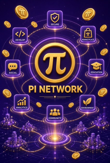 An infographic for "PI NETWORK" featuring a central golden Pi symbol surrounded by icons representing features like SECURE, MARKETPLACE, DEVELOP, EDUCATION, SOCIAL, ANALYTICS, COMMUNITY, and ENVIRONMENT, set against a purple futuristic city background.