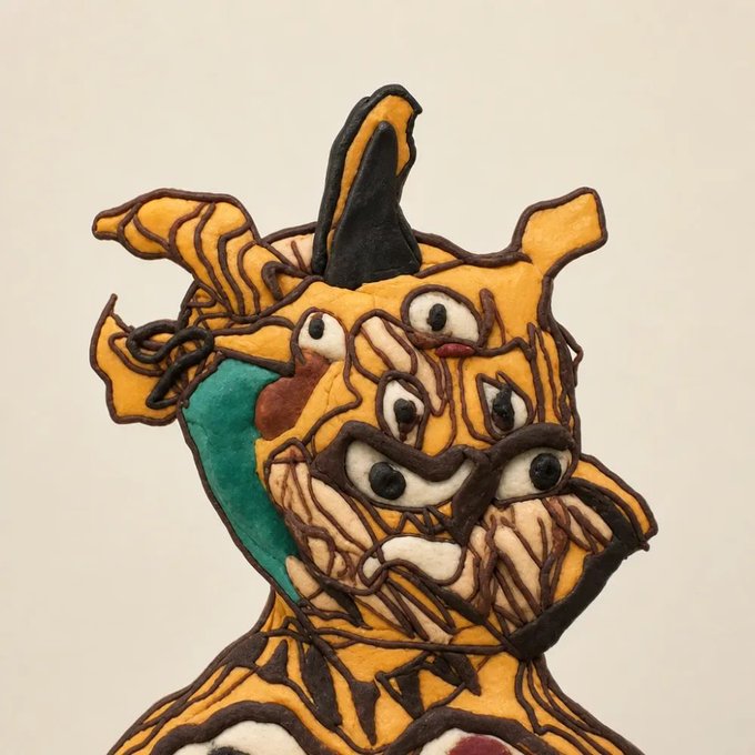 A glazed ceramic sculpture depicts a chaotic, yellow, tiger-like creature with multiple eyes, a snarling mouth, and pointed ears.