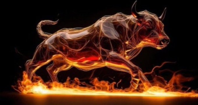 A fiery bull rendered in smoke and flames charges forward against a black background, symbolizing powerful bullish momentum. The imagery visually reinforces the post's message that Bitcoin has reclaimed its 50-week moving average, suggesting BTC is building strength for a potential rally higher.