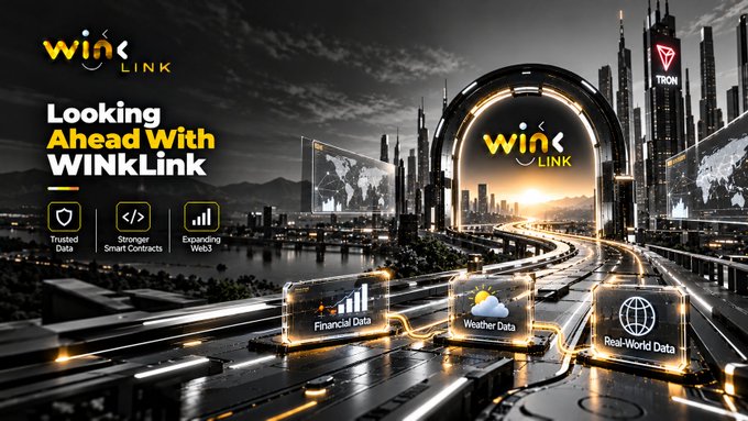 A promotional graphic for 'WINkLink' displays the tagline 'Looking Ahead With WINkLink' alongside features like Trusted Data, Smarter Smart Contracts, and Expanding Web3, with categories for Financial Data, Weather Data, and Real-World Data.
