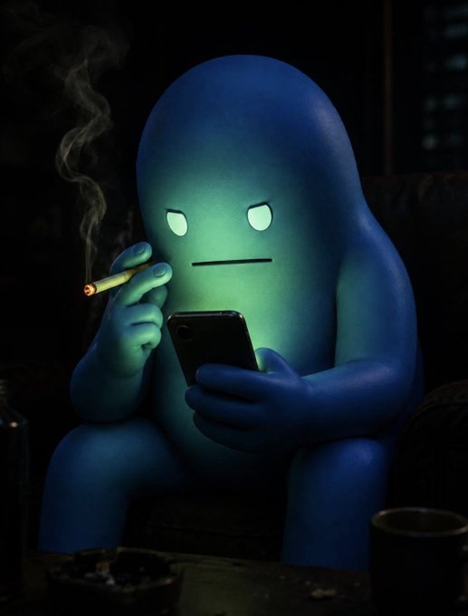 A stylized 3D rendering shows a blue blob-like character with glowing white eyes smoking a cigarette and looking at a smartphone in a dark setting.