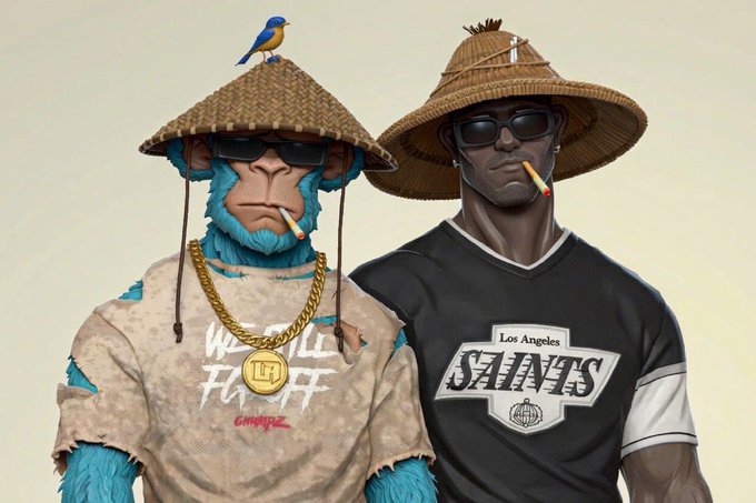 A digital illustration depicts two stylized figures wearing straw hats and sunglasses with cigarettes; one is a blue monkey with a gold chain, and the other is a dark-skinned man in a 'Los Angeles Saints' shirt.