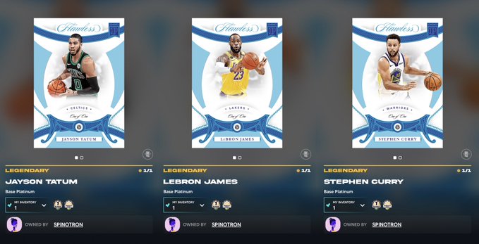 Three digital trading cards titled 'Flawless' featuring basketball players Jayson Tatum (Celtics), LeBron James (Lakers), and Stephen Curry (Warriors), all labeled as 'LEGENDARY' cards owned by a user named SPINOTRON.