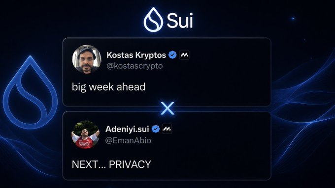 The image features a social media post with two men's names, Kostas Krypos and Adeniysui, along with a blue logo that says "Sui". The post includes a message about a big week ahead for Sui, as well as an invitation to share the news on Twitter. There are also mentions of privacy concerns related to the post.
