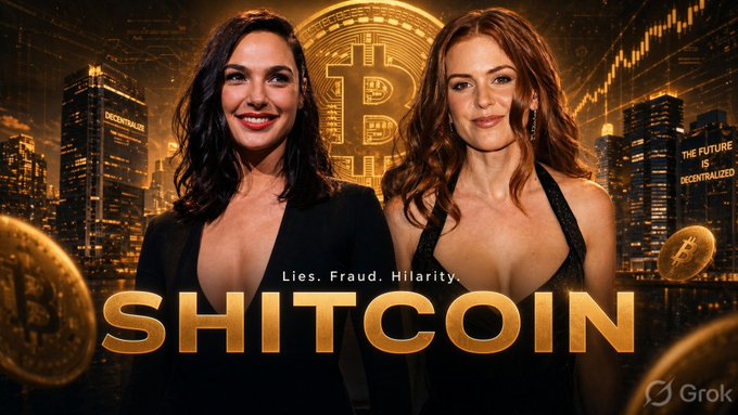 A satirical poster titled 'SHITCOIN' with the tagline 'Lies. Fraud. Hilarity.' and 'THE FUTURE IS DECENTRALIZED' shown on buildings, created using Grok AI.