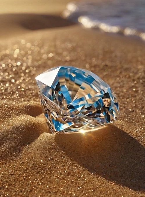 A close-up product photograph of a large, brilliantly faceted diamond resting on golden sand with the ocean visible in the blurred background.