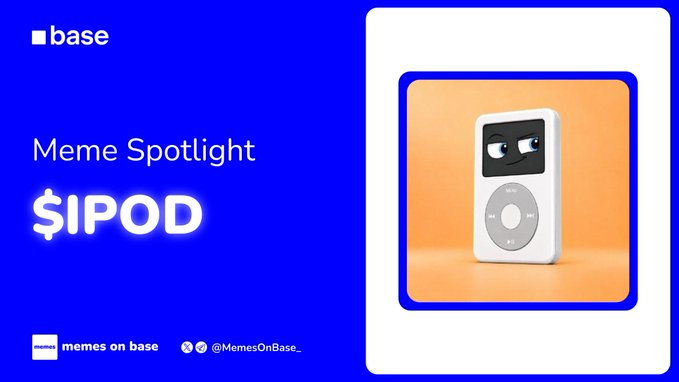 A 'Meme Spotlight' from base featuring $IPOD, showing an iPod with a skeptical side-eye expression against an orange background.