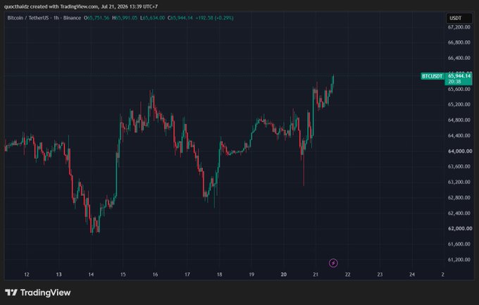 TradingView candlestick chart of Bitcoin (BTCUSDT) on Binance showing 1-hour price action, with current price at $65,944.74 (+0.28%), dated July 21, 2025.
