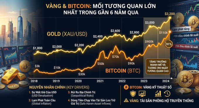 An infographic titled 'VÀNG & BITCOIN: MỐI TƯƠNG QUAN LỚN NHẤT TRONG GẦN 6 NĂM QUA' comparing gold (XAU/USD) and Bitcoin (BTC) prices from 2018 to 2024, noting 91% correlation.
