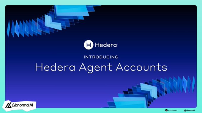 A promotional graphic announces 'Introducing Hedera Agent Accounts' with the Hedera logo on a blue geometric background, branded with AbnormalAI and AbnormalMind watermarks.