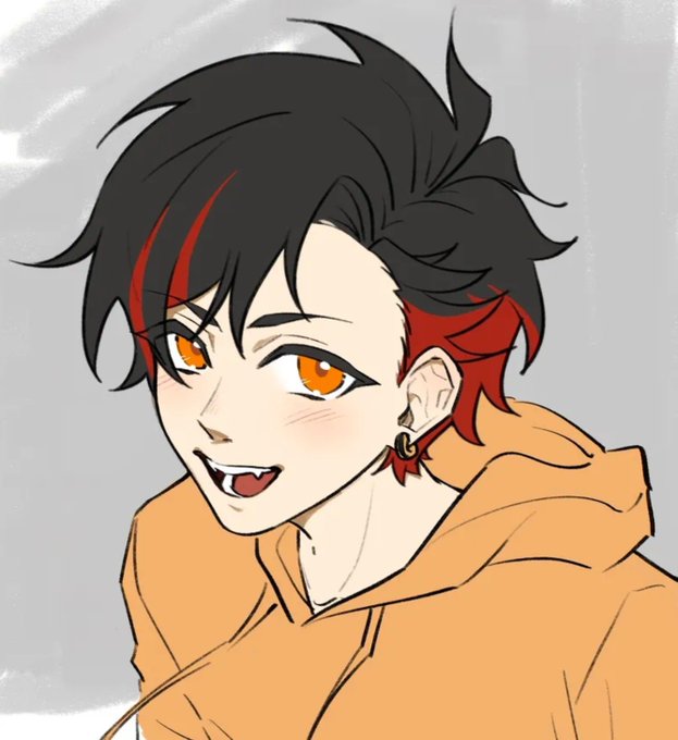 An anime-style portrait of a smiling young man with black hair featuring red highlights, orange eyes, and an orange hoodie.
