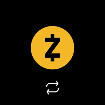 A black background displaying the Zcash (ZEC) cryptocurrency logo, an orange circle with a 'Z', above a swap/exchange icon.
