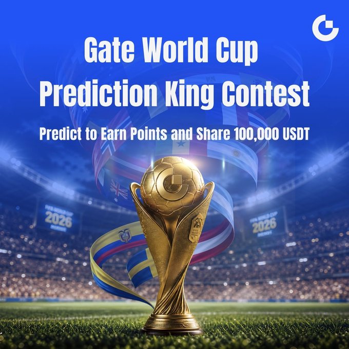A promotional graphic for the "Gate World Cup Prediction King Contest" featuring a golden FIFA World Cup trophy displayed on a stadium field with international flags in the background, advertising a 100,000 USDT prize pool for users who predict World Cup outcomes and earn points on two leaderboards.