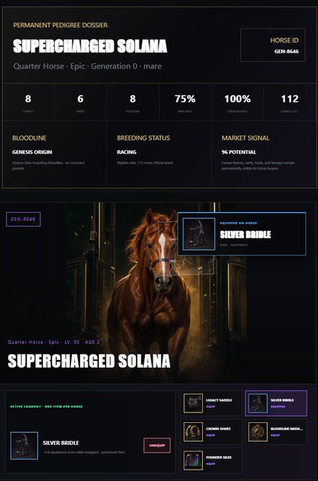 A digital pedigree dossier titled 'SUPERCHARGED SOLANA' displays stats for a Quarter Horse mare (GEN-5646) including lineage numbers 8-6-8, 75% win rate, 100% podium rate, and 112 starts left, with images of the horse and various equipment items.