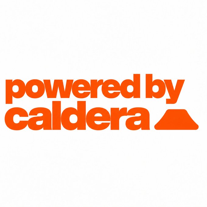 The image displays an orange logo reading "powered by caldera" alongside a triangular icon. The caption "Apechain." relates to Caldera, a platform that powers blockchain networks like Apechain through its rollup infrastructure.