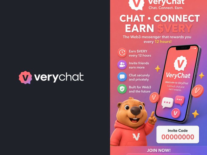 A promotional graphic for VeryChat featuring the brand's logo on a dark background alongside a vibrant coral-to-purple gradient advertisement highlighting key features: "Earn $VERY every 12 hours," invite rewards, secure Web3 messaging, and an invite code "00000000" displayed next to a cartoon bear mascot and smartphone mockup—visually reinforcing the post's message about VeryChat as a Web3 messaging platform that rewards users with $VERY tokens.