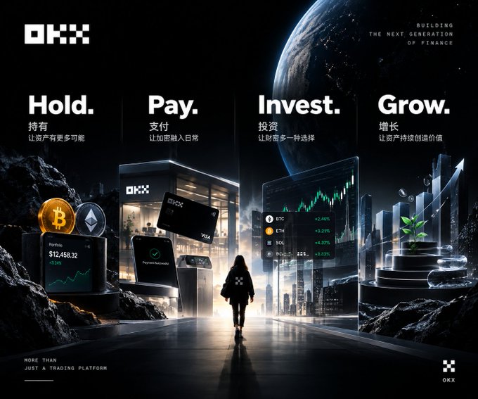 A promotional banner for OKX cryptocurrency exchange featuring the tagline 'Building the next generation of finance' with four pillars: 'Hold. Pay. Invest. Grow.' displayed in English and Chinese, alongside imagery of crypto trading screens and a wallet showing a portfolio of $12,458.32.