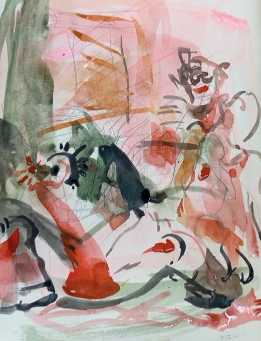 An abstract watercolor and ink painting features organic, flowing forms in pink, green, red, and dark blue tones. The composition includes scribbled line work and washy color fields that suggest figurative or landscape elements.