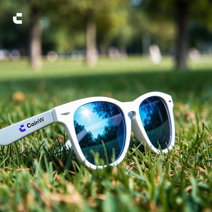 A pair of white sunglasses with blue reflective lenses resting on green grass, featuring the 'CoinW' logo on the arm, likely promotional material for the crypto exchange.