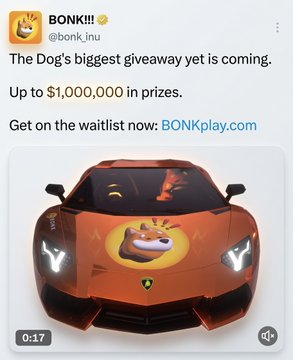 A promotional tweet from BONK (@bonk_inu) announcing a giveaway with up to $1,000,000 in prizes, featuring an image of an orange Lamborghini with the BONK dog mascot logo on the hood. The post directs users to sign up at BONKplay.com to enter the giveaway, where a Toyota (likely a car) is revealed as the first prize.