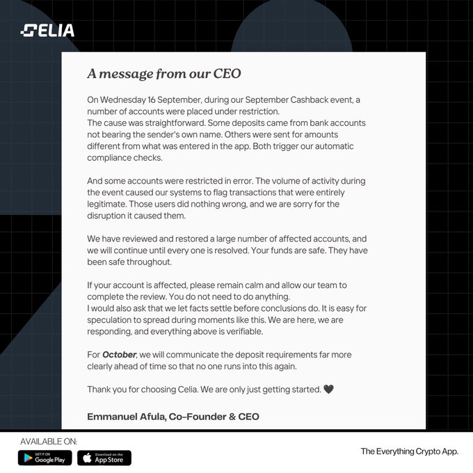A message from Celia CEO Emmanuel Afula explaining that some accounts were restricted in error during the September 16 Cashback event due to automatic compliance checks flagging legitimate transactions, with affected users reassured their funds are safe and will be restored.