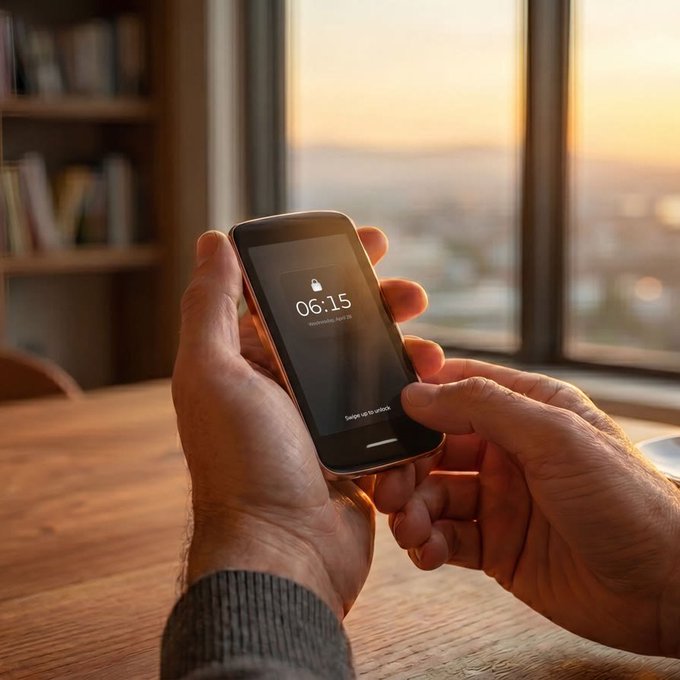 A person holds a smartphone displaying a lock screen with the time "06:15" and "Swipe up to unlock" prompt, with a warm sunset visible through the window behind them. The image captures the quiet morning moment that will lead into the anticipated arrival of their Foundation Passport Prime on Monday.