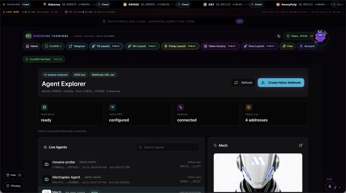 Cheshire Terminal Agent Explorer page displaying token CRACKCOON with identity 5DfEnEP...bwZ8Zp and stats showing Feat Store ready, Helius RPC configured, Realtime connected, and Watch List with 4 addresses, plus a Live Agents list featuring 'nosana-probe' and 'Mechaplex_Agent'.