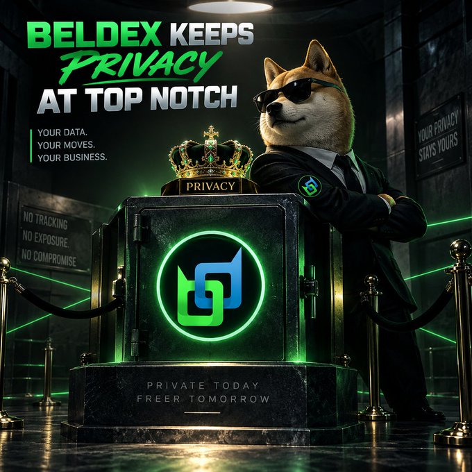 An advertisement for Beldex featuring a Shiba Inu dog in a black suit and sunglasses standing next to a glowing green safe labeled 'PRIVACY' with a crown on top, with text reading 'BELDEX KEEPS PRIVACY AT TOP NOTCH' and 'YOUR DATA. YOUR MOVES. YOUR BUSINESS.'