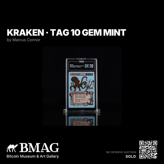 A Bitcoin Museum & Art Gallery (BMAG) auction listing for 'KRAKEN • TAG 10 GEM MINT' by Marcus Connor, showing a graded 10 trading card, marked as 'SOLD' with a no reserve auction.
