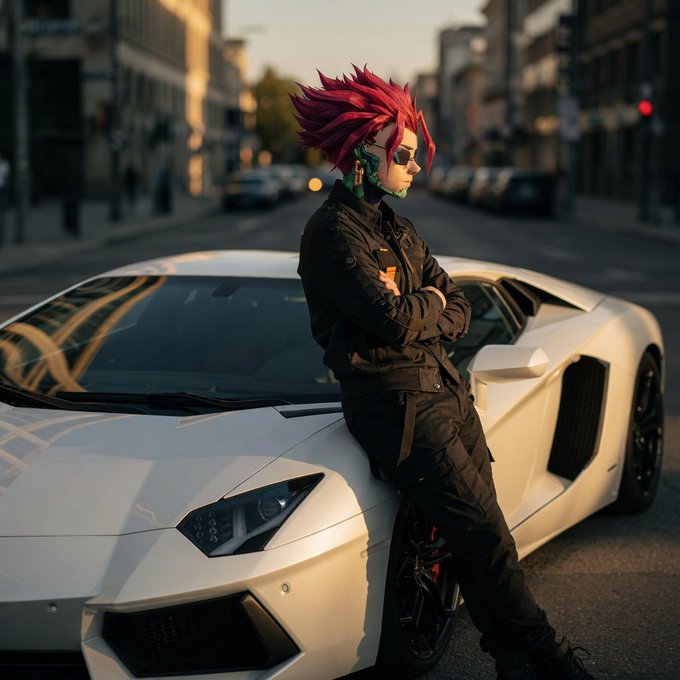 A person with striking red spiky hair and sunglasses leans against a white Lamborghini on a city street, dressed in all black. The image embodies the post's question about splurging $10,000 in USDT—suggesting the ultimate crypto-funded purchase would be a luxury supercar.