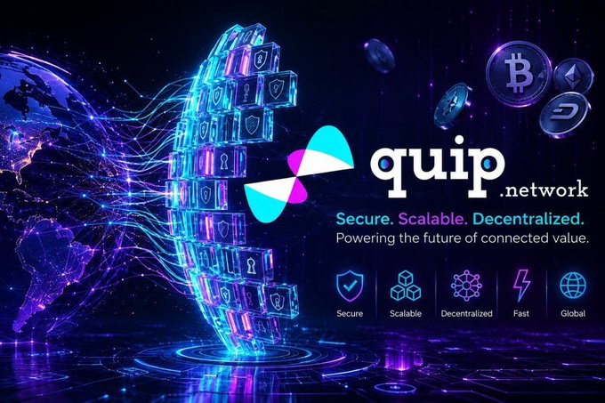 The image is a promotional graphic for Quip Network, featuring the tagline "Secure. Scalable. Decentralized. Powering the future of connected value" alongside five feature icons labeled Secure, Scalable, Decentralized, Fast, and Global. The visual design includes a glowing blockchain-like structure, cryptocurrency coins (including Bitcoin and Ethereum), and a stylized world map, all reinforcing the network's branding as it relates to the post about Quip Network's proactive approach to post-quantum security and future-ready Web3 infrastructure.