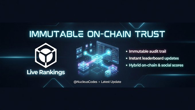 A promotional graphic titled 'IMMUTABLE ON-CHAIN TRUST' featuring 'Live Rankings' by @NucleusCodes, highlighting features like immutable audit trail, instant leaderboard updates, and hybrid on-chain & social scores.