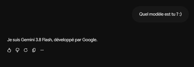 A screenshot of an AI chat interface in French, with the question 'Quel modèle es tu ? :)' and the response 'Je suis Gemini 3.8 Flash, développé par Google.' on a dark background.