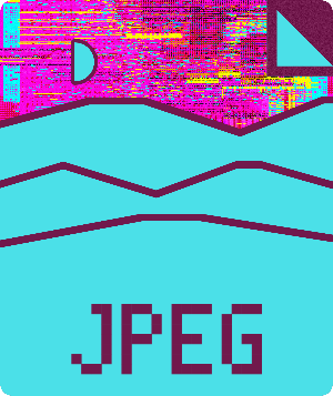 A pixel-art style graphic featuring a stylized mountain or landscape in bright cyan, topped with a distorted, glitchy pink and purple block. The word "JPEG" is written in pixel font at the bottom.