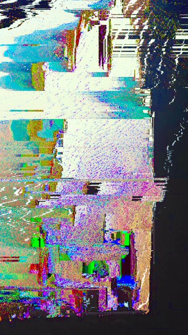 An abstract digital artwork with colorful glitch-like patterns in blue, pink, purple, and green tones.