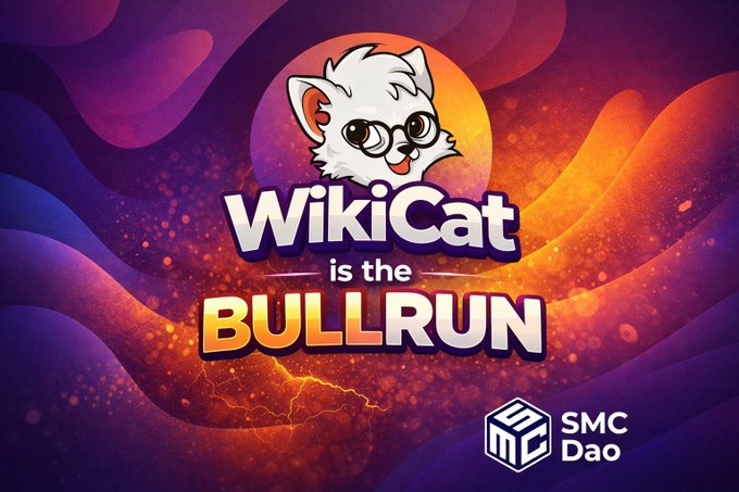 A promotional graphic featuring a cartoon cat with sunglasses and the text 'WikiCat is the BULLRUN' alongside the 'SMC Dao' logo on a vibrant purple and orange background.